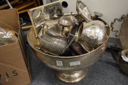 A large silver plated pedestal bowl and other items.