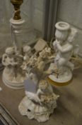 White porcelain figural table lamp and two other items.