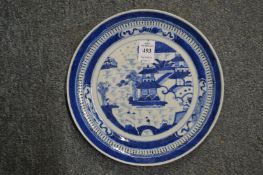 A pair of Chinese blue and white decorated dishes.