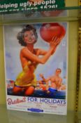 A novelty printed metal sign 'Butlins for Holidays'.