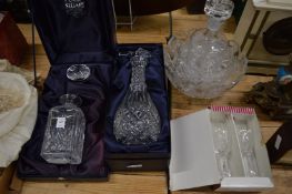 Two boxed decanters and other glassware.