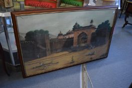 Indian School, figures by a fort, mixed media.