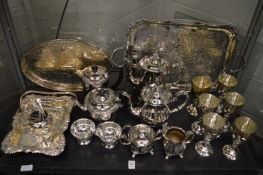 Quantity of plated items to include two four piece tea services, two trays, six goblets etc.