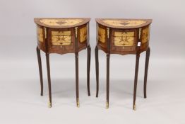A PAIR OF LOUIS XVI STYLE HALF MOON INLAID BEDSIDE TABLES with three drawers, on four curving