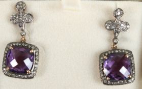 A PAIR OF GOLD, SILVER, AMETHYST AND DIAMOND DROP EARRINGS.