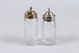 TWO SILVER TOP GLASS CRUETS.