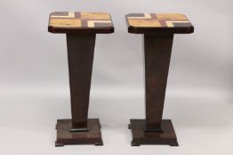 A GOOD PAIR OF INLAID DECO STYLE STANDS. 2ft 8ins high x 1ft 3ins square.