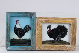 A SMALL PAIR OF NAIVE REVERSE GLASS PAINTINGS, cockerel and turkey. 2.75ins x 3.5ins