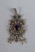 A 9CT GOLD, AMETHYST AND PEARL BOW TOP PENDANT.