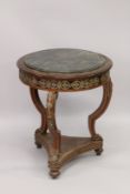 A ROUND MARBLE TOP FRENCH BRONZE MONTREAL TABLE on three curving legs with under-tier. 2ft 6ins high