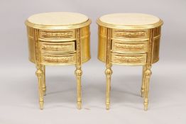 A PAIR OF MARBLE TOP OVAL BEDSIDE CHESTS, each with three drawers on turned legs. 2ft 3ins high x