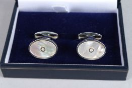 A PAIR OF STERLING SILVER, MOTHER-OF-PEARL AND DIAMOND CUFFLINKS.