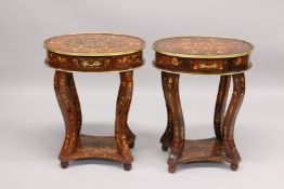 A GOOD PAIR OF LOUIS XVI STYLE INLAID OVAL TABLES with single drawer, on four curving legs with