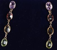 A PAIR OF 18CT YELLOW GOLD MULTI GEM DROP EARRINGS.