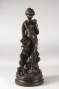GUSTAVE REY. A GOOD BRONZE OF A YOUNG GIRL holding a shell in her hand, on a circular base.