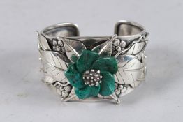 A .950 SILVER AND JADE BANGLE. Signed.