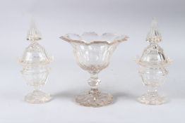 A GLASS TAZZA AND A PAIR OF BON BON DISHES