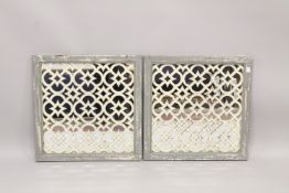 A PAIR OF SQUARE WHITE GARDEN MIRRORS. 2ft 2ins square.