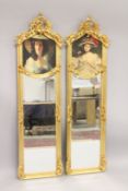 A PAIR OF LOUIS XVI STYLE LONG NARROW MIRRORS with portraits of ladies. 5ft 10ins high x 1ft 6ins