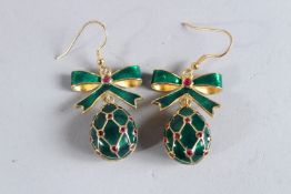 A PAIR OF RUSSIAN GREEN ENAMEL EGG EARRINGS.