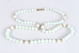 A VERY GOOD STRING OF JADE AND PEARLS with a 9ct gold clasp. 30ins long.