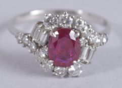 A RUBY AND DIAMOND CLUSTER RING, non-treated stone 1.46ct set with brilliant and baguette diamond