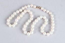 A 7-8mm CULTURED PEARL NECKLACE, with 9ct gold clasp.