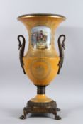 A LARGE SEVRES PORCELAIN YELLOW GROUND VASE painted with a scene of Napoleon on horseback, gilt