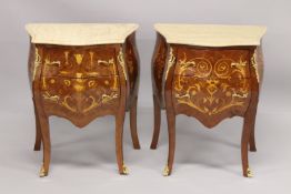 A PAIR OF LOUIS XVI INLAID BOMBE FRONTED COMMODES with marble top and two drawers. 2ft 6ins high x