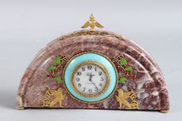 A SUPERB RUSSIAN MOTTLED JADE, ENAMEL AND GILT CLOCK, Faberge, St. Petersburg. 8.5ins long x 4.