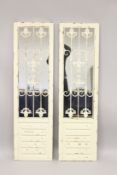 A PAIR OF NARROW WHITE GARDEN MIRRORS. 5ft high x 1ft 4ins wide.