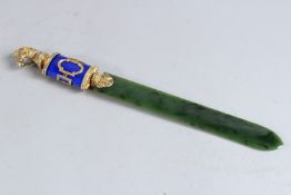 A SUPERB RUSSIAN SILVER, BLUE ENAMEL AND AGATE BEADS PAPER KNIFE with a horse's head. 10ins long.