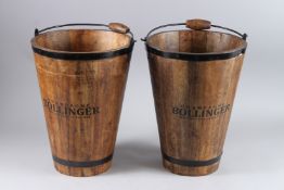 A AIR OF BOLLINGER WOODEN TAPERING BUCKETS with carrying handle. 16ins high.