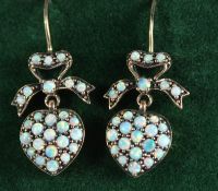 A PAIR OF 9CT GOLD OPAL HEART BOW EARRINGS.