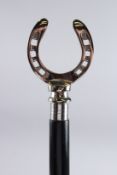A WALKING STICK WITH HORSESHOE HANDLE.