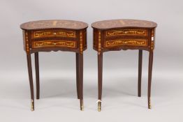 A PAIR OF LOUIS XVI STYLE KIDNEY SHAPED BEDSIDE TABLES with two drawers, on curving legs. 2ft 6ins