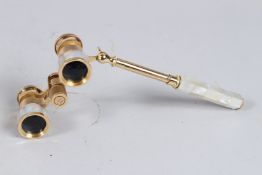 A GOOD PAIR OF CARLTON MOTHER-OF-PEARL OPERA GLASSES with handle, in a case.