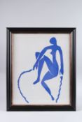 A SET OF FOUR HENRI MATISSE STYLE BLUE AND WHITE PICTURES.