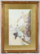 JOHN WHITE RI (1851-1933) 'Beere - East Devon' chimney sweep and girl greeting in a street,