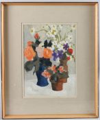 LAUREN LINDEE (20TH CENTURY) 'Daisies and Others' still life of flowers in pots, oil on board, label
