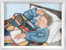 JOYCE ROWLEY boy asleep under a patterned Welsh blanket, oil on board, signed, artists label
