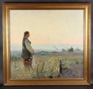 RUSSIAN SCHOOL (20TH CENTURY) Woman standing amongst wildflowers on the edge of a battlefield, oil