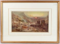 WILLIAM GIBBONS (act.1858-1892) harbour scene at dusk oil, signed, 21.5cm x 38cm