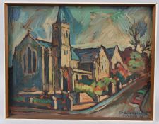 URBAN GYORGY view of a church on a street corner, oil on board, inscribed 'London' signed and