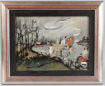 ATTRIBUTED TO STANLEY GRIMM river landscape with sailing boats and windmills, oil on canvas, 27cm