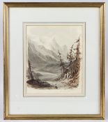 HENRY WILLIAM BURGESS (1792-1839) View of an alpine valley sepia watercolour with grey wash,