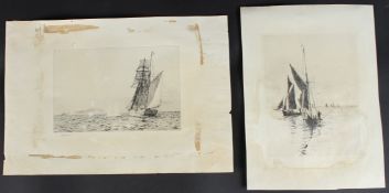 WILLIAM LIONEL WYLLIE (1851-1931) fishing boats and warship at sea, two unframed etchings, signed in