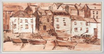 FRED YATES (20TH CENTURY) view of a harbour side houses, oil on board, 60cm x 121cm