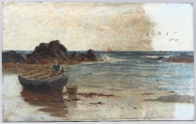 RICHARD WANE (1852-1904) seascape with fisherman and boat on the beach, oil on canvas, unframed,