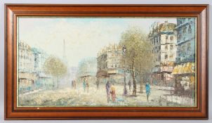 CAROLINE BURNETT (1877-1950) Paris street scene, oil on board, signed, 40cm x 81cm